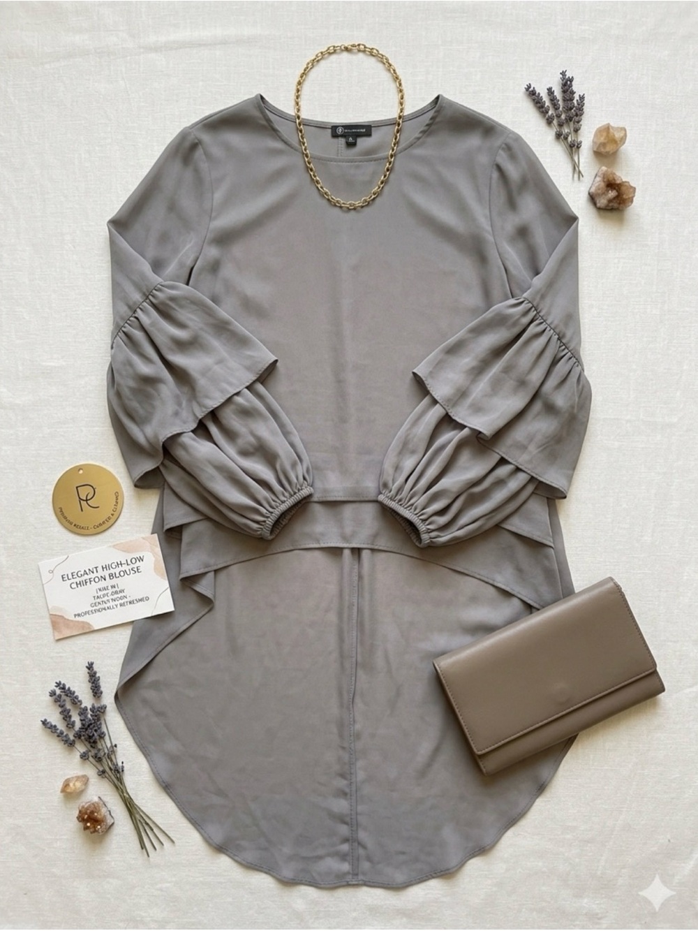Taupe Layered High-Low Chiffon Blouse with Ruffle Balloon Sleeves